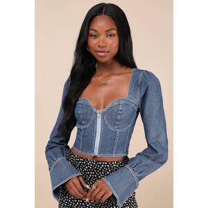 Lulus Confidently Coveted Dark Wash Denim Long Sleeve Bustier Crop Top Blue